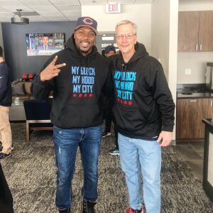 Jahmal Cole poses with Bears chairman George McCaskey at Halas Hall. | Provided by My Block, My Hood, My City