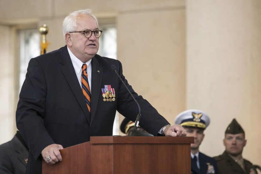 <small><strong> Capt. William Albracht, who is retired from the U.S. Army Special Forces, was the keynote speaker at the Veterans Day ceremoney at Soldier Field, Wednesday, Nov. 11, 2015. | Ashlee Rezin/For the Sun-Times</strong></small>