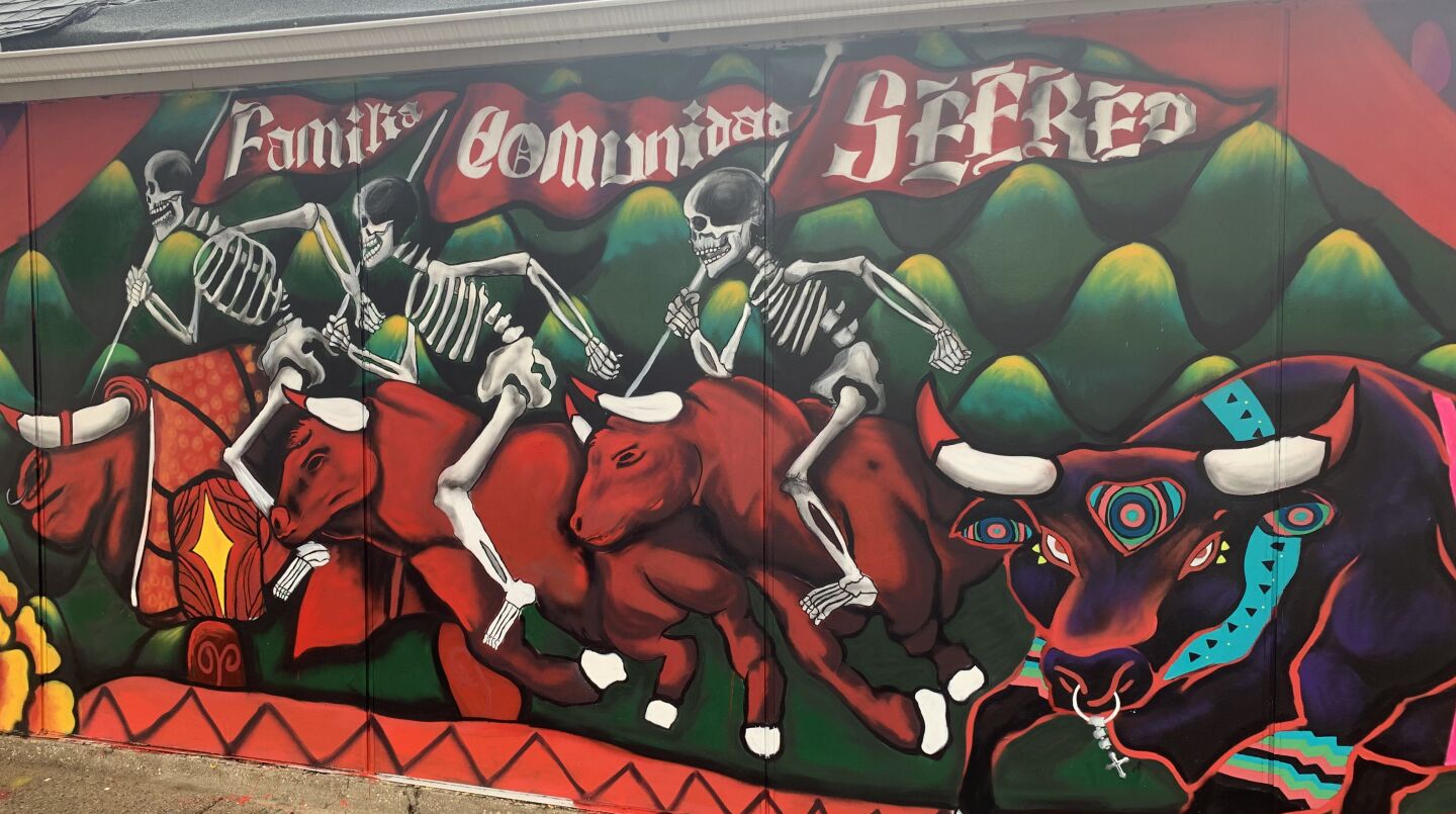 Part of a new Pilsen mural, overseen by artist Mario Mena and intended to celebrate Mexican heritage as well as promote the Chicago Bulls.