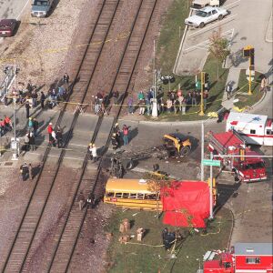 Metra Train No. 624 crashed into a school bus on Oct. 25, 1995 at Algonquin Road and Northwest Highway in Fox River Grove. The crash killed seven teenagers and injured the bus driver and 24 passengers.