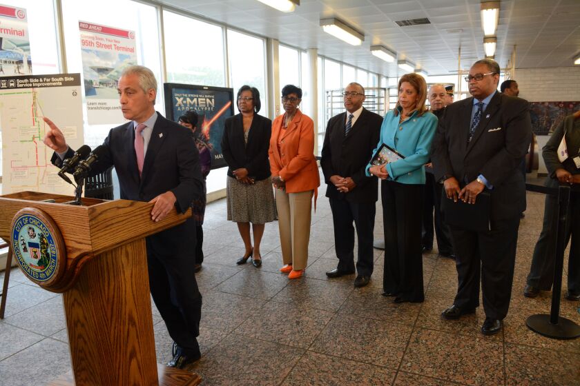 Mayor Rahm Emanuel and Deputy Mayor Andrea Zopp announced upgrades to several South Side CTA bus routes as well as expanded Green Line rush hour service and improvements at the 95th Street Red Line Station. Thursday, May 12, 2016 Brian Jackson/For the Sun