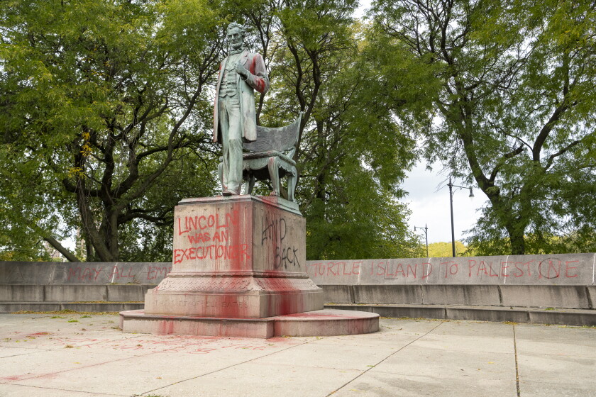Abraham Lincoln statue in Lincoln Park defaced with red paint ...