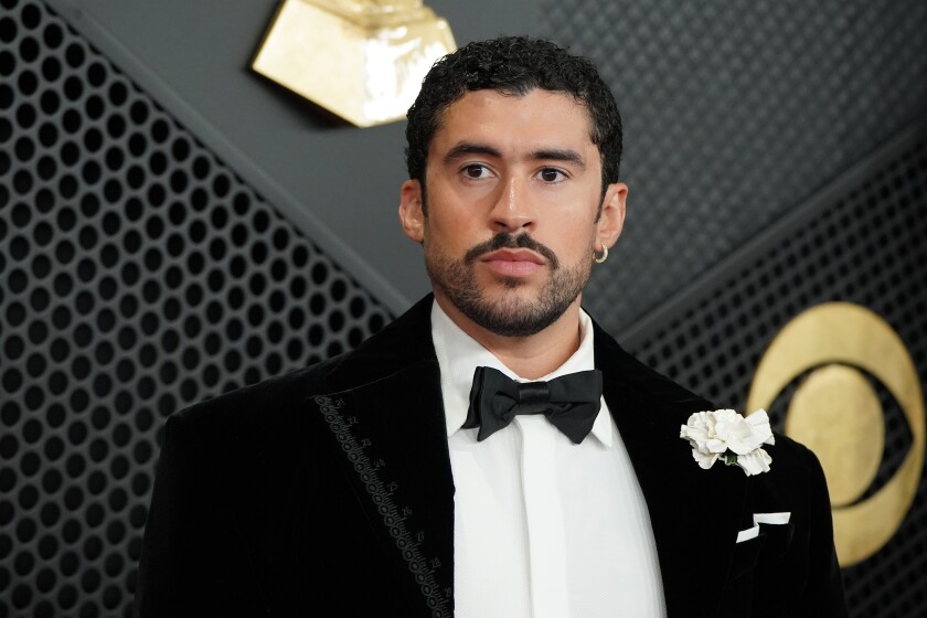 Bad Bunny arrives at the 68th annual Grammy Awards on Sunday.