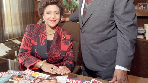 John H. Johnson, chairman and C.E.O. of Johnson Publishing Co., poses with his daughter Linda Johnson Rice, who is president of the company, at the headquarters in Chicago, Ill., in Nov. 1992. The firm, which publishes Ebony magazine, is celebrating fifty years in the publishing business. (AP Photo/Mark Elias)