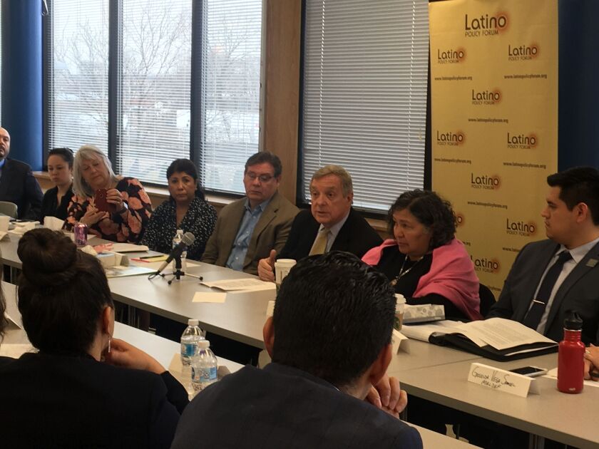 Sen. Dick Durbin participates in a roundtable discussion at the Latino Policy Forum Thursday in Little Village. Photo by Tina Sfondeles.