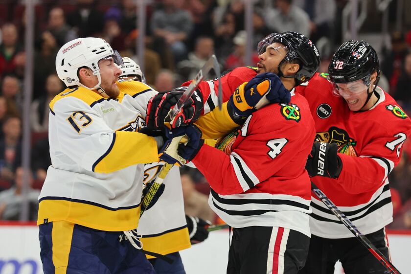 Seth Jones and Alex Vlasic scrap against the Predators last week.