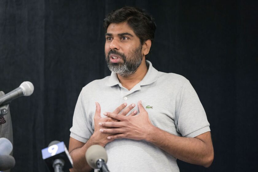 Srinivasrao Alaparthi, who lost his wife in a parasailing crash in Florida, speaks during a news conference at Hyatt Downtown Chicago, 151 E. Wacker Dr., Thursday, June 8, 2023.
