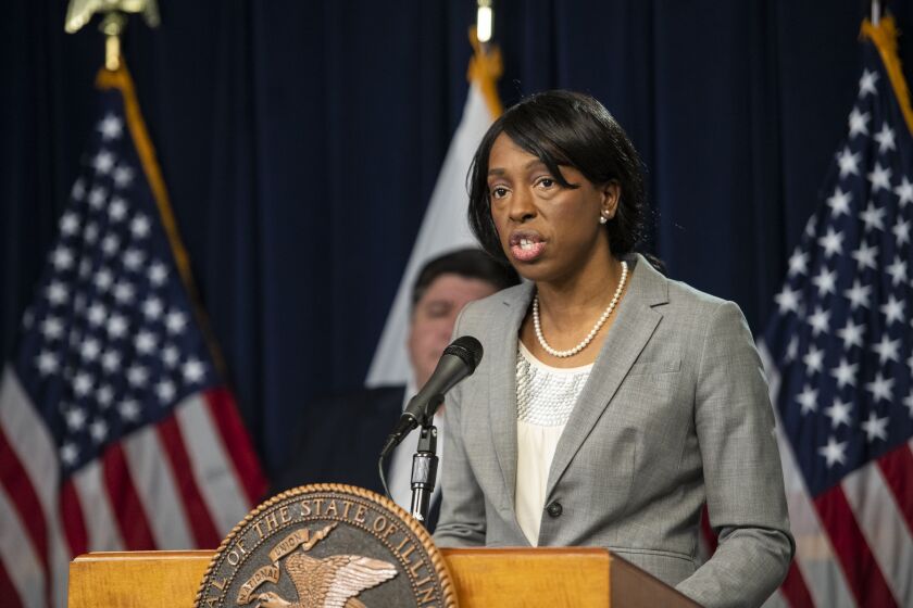 Illinois Public Health Director Dr. Ngozi Ezike speaks at an April 23 news briefing.