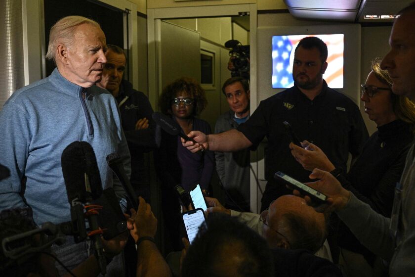 President Joe Biden speaks to the media aboard Air Force One on his way back to Washington from Israel. Biden said that he had spoken to Egyptian President Abdel Fattah el-Sissi, who agreed to reopen the country’s sealed border crossing with Gaza and allow up to 20 trucks carrying humanitarian aid supplies to cross.