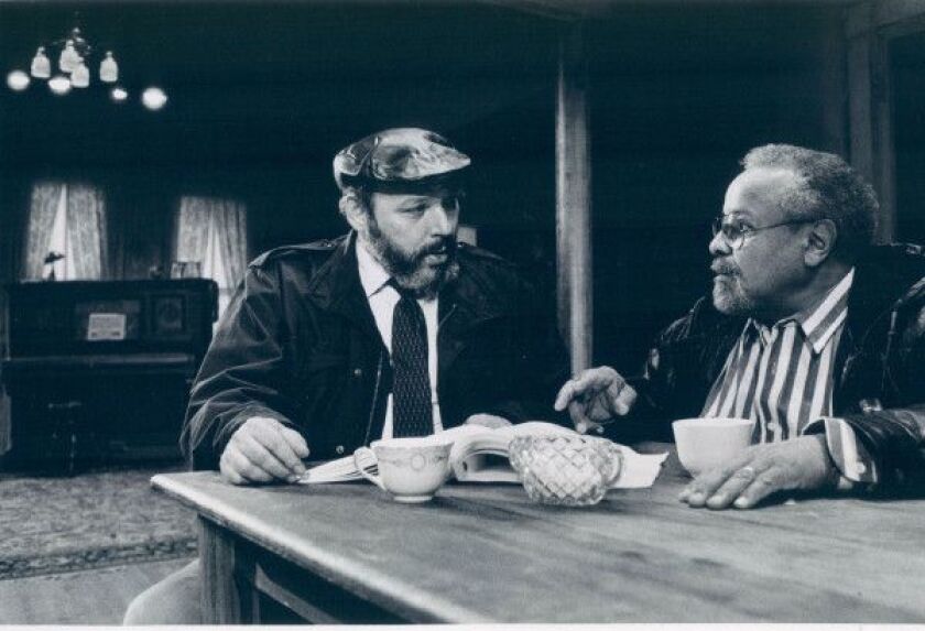Playwright August Wilson (left) and director loyd Richards on the set for the Goodman Theatre’s 1989 production of Wilson’s “The Piano Lesson.” | FILE PHOTO