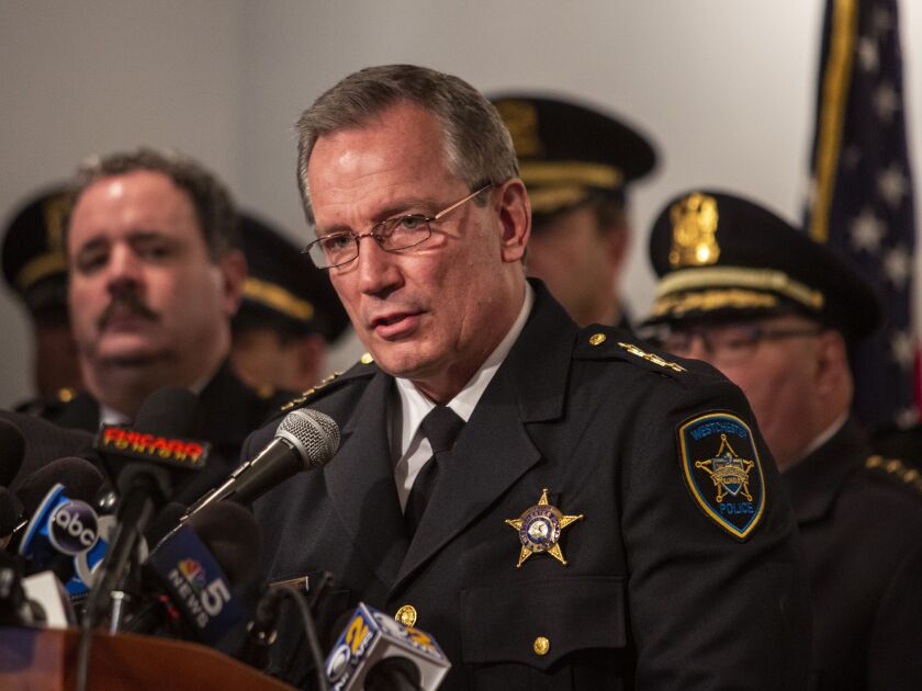 Chief Steven Stelter, of the Westchester Police Department, speaks during a press conference with the Fraternal Order of Police Lodge 7, Thursday, April 4, 2019, in Chicago, to announce a “no confidence” vote in the leadership of Cook County State’s Attor