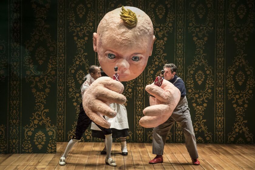 Anthony Irons (from left), Christopher Donahue and John Logan in “The Steadfast Tin Soldier — A Christmas Pantomime” running through Jan. 13, 2019, at Lookingglass Theatre. | Liz Lauren