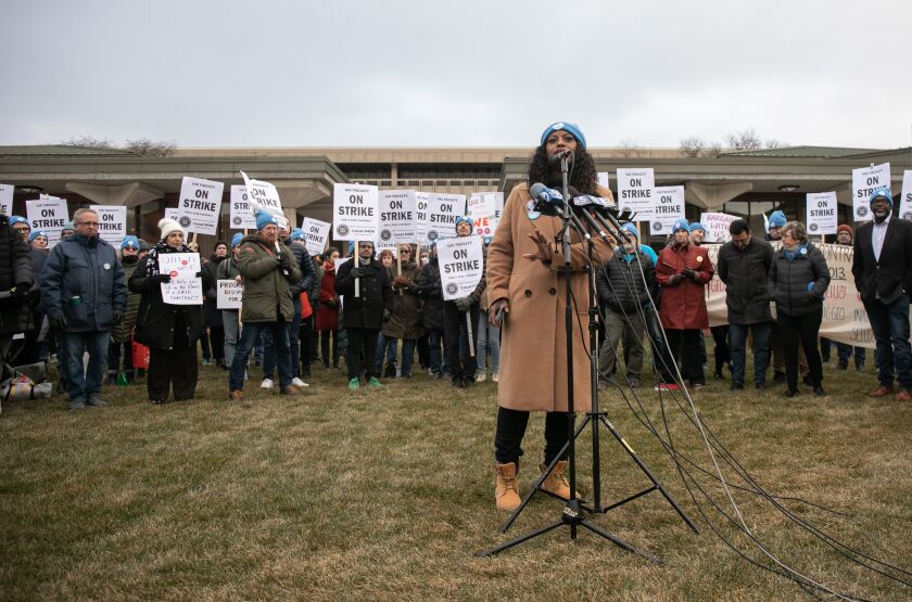 Chicago Teachers Union President Stacy Davis Gates speaks during a strike at the University of Illinois Chicago in the Little Italy neighborhood, Tuesday, Jan. 17, 2023.