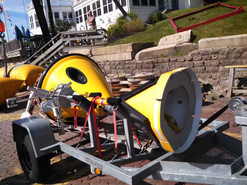 The new weather buoy at Wilmette Harbor, just before being owed out.<br>Credit: Dale Bowman