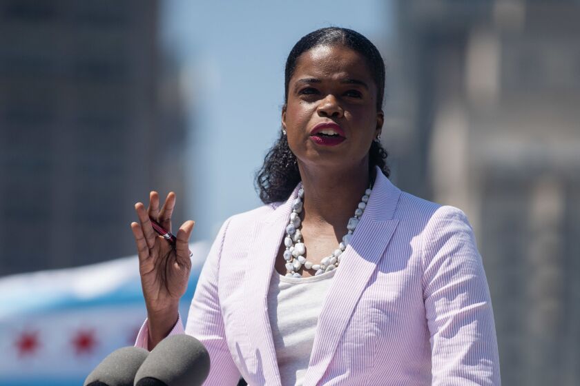 Cook County State’s Attorney Kim Foxx speaks at a news conference in August about the city’s plan to protect Chicago’s commercial corridors, following looting.