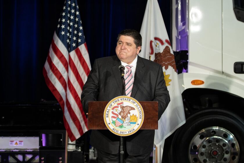 Gov. J.B. Pritzker speaks during a news conference at MxD in the Goose Island neighborhood, Friday morning.