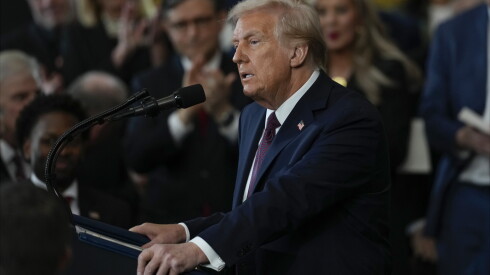 President Donald Trump gives his inaugural address during the 60th Presidential Inauguration in the Rotunda of the U.S. Capitol in Washington, Monday, Jan. 20, 2025.