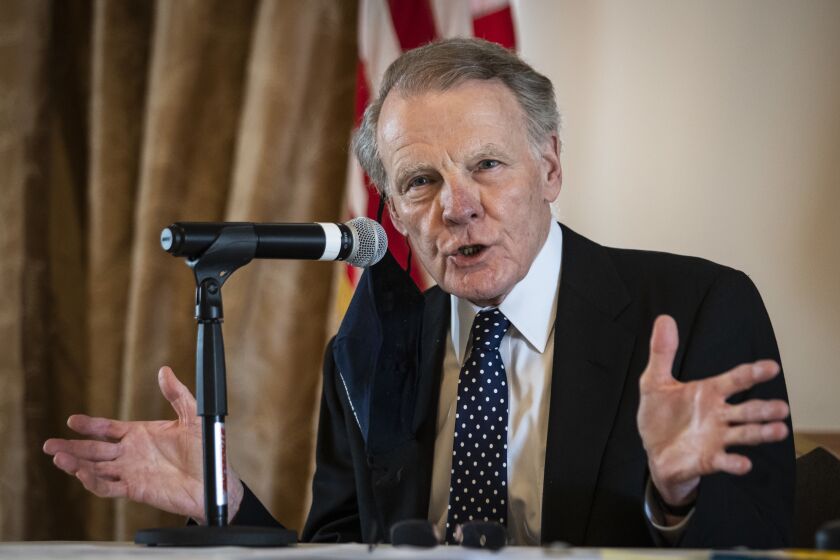 Former Speaker Mike Madigan speaks during a meeting in February to decide who will take over his seat in the Illinois House.