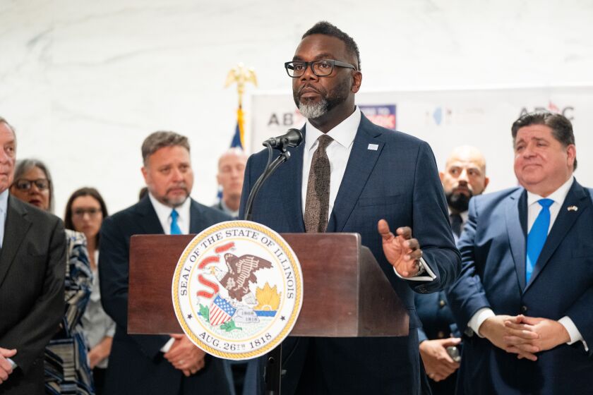 Chicago Mayor Brandon Johnson speaks during a press conference at 33 W. Monroe St. in the Loop on Aug. 30, 2023.