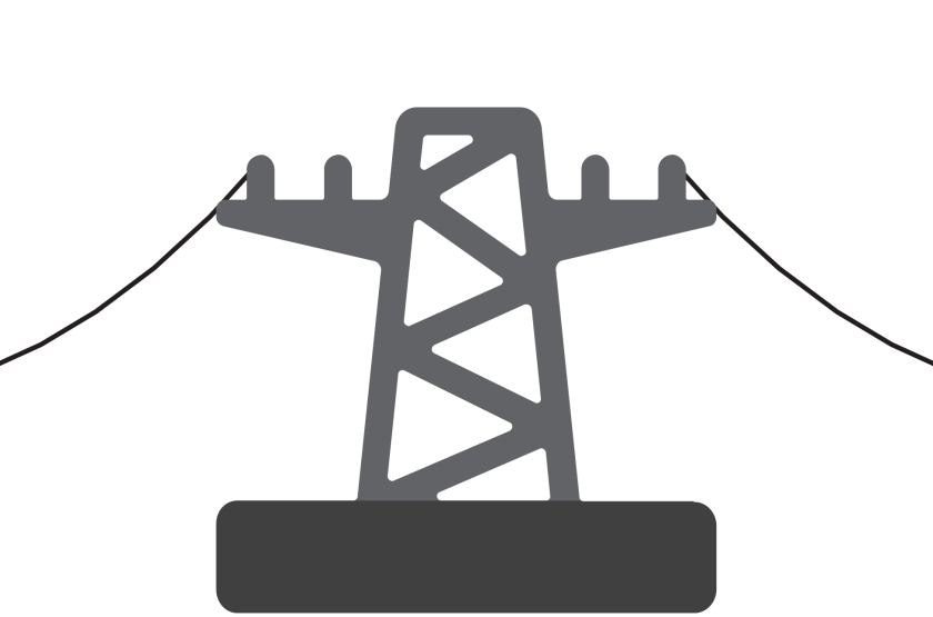An illustration of a tall metal tower supporting high-voltage electric transmission lines, with cables stretching past the left and right edges of the image.