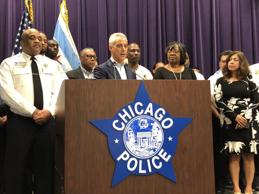 Mayor Rahm Emanuel speaks at a Tuesday press conference announcing additional officer deployments in five police districts hit hard by gun violence last weekend. | Mitchell Armentrout/Sun-Times