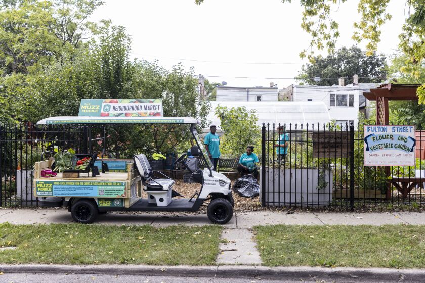 Farmers on wheels wait for the Garfield Park Community Council on Tuesday at the Fulton Street Flower and Vegetable Garden in Garfield Park.