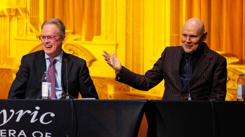Billy Corgan (right) alongside John Mangum, General Director, President & CEO of Lyric Opera, speaks about his upcoming project “A Night of Mellon Collie and Infinite Sadness” at the announcement of the upcoming year of shows at the Lyric Opera.