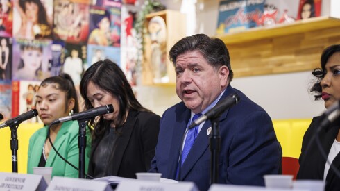 Gov. J.B. Pritzker speaks with members of the community during a roundtable at HaiBayo Coffee, 1132 W. Argyle St., Tuesday, Jan. 20, 2026.