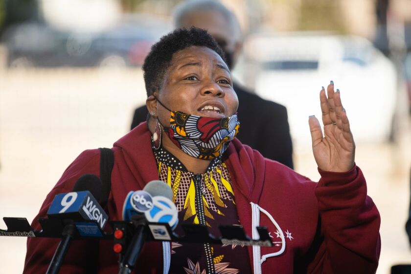 Ald. Jeanette Taylor (20th) speaks during a news conference near West 63rd Street and South Lowe Avenue in Englewood Tuesday morning, Sept. 29, 2020.
