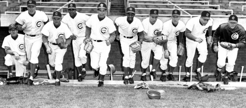 April 16, 1961, Cubs starting lineup #54 Vedie Himsl, mgr; #1 Richie Ashburn; #17 Don Zimmer: #26 Billy Williams; #10 Ron Santo; #14 Ernie Banks; #11 Ed Bouchee; #22 Al Heist; #6 Dick Bertell; #32 Bob Anderson | Sun-Times library