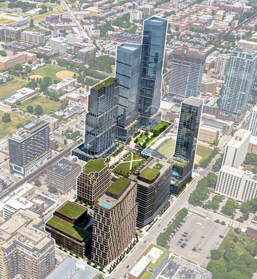 Rendering shows a view looking northwest of JDL Development’s plans for the Moody Bible Institute property.