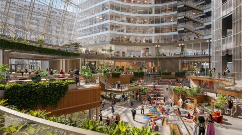 Rendering of the former Thompson Center's atrium many stories high, with lots of glass and plants as well as sections separated by staircases.
