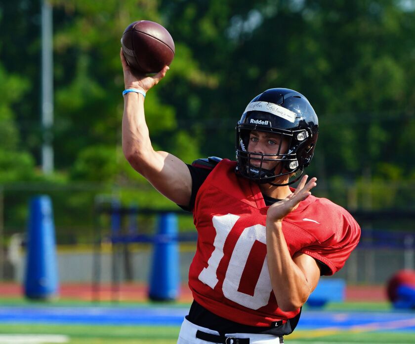 Lincoln-Way East quarterback Brennan Stolarek (10) at football practice, Wednesday, August 18, 2021.