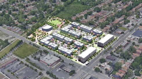 Aerial view showing the rendering of Morgan Park Commons.