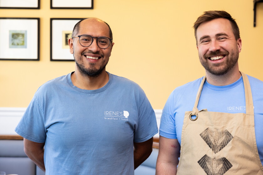 Co-Owners Cristian Mendoza (left) and Noah Zamler in the dining room at the newly reopened Irene's Finer Diner in North Center on the North Side, Thursday, May 14, 2026.