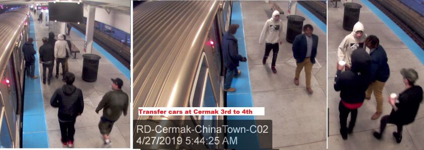 Photos of six men who allegedly robbed a person last month on a Red Line train.