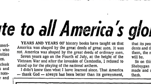 An image from the Chicago Sun-Times' July 4, 1976, edition showing a portion of Roger Simon's column headlined "America's most glorious failures." One of his best-known columns, it was republished several times.