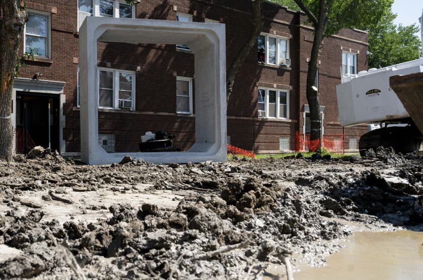 A concrete water storage unit is seen in the 5500 block of W. LeMoyne Street in Austin.