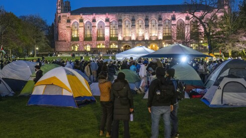 Students, faculty, community members and protesters at the encampment at Deering Meadow at Northwestern University before it was taken down.