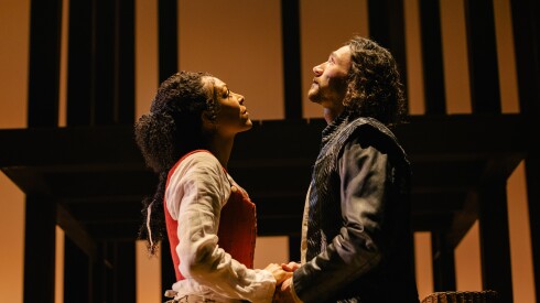 Kemi-Bo Jacobs and Rory Alexander as Agnes and William Shakespeare in the Royal Shakespeare Company’s Hamnet, based on the novel by Maggie O’Farrell, adapted by Lolita Chakrabarti, and directed by Erica Whyman. The production begins a North American tour in The Yard at Chicago Shakespeare Theater, running February 10 - March 8, 2026.