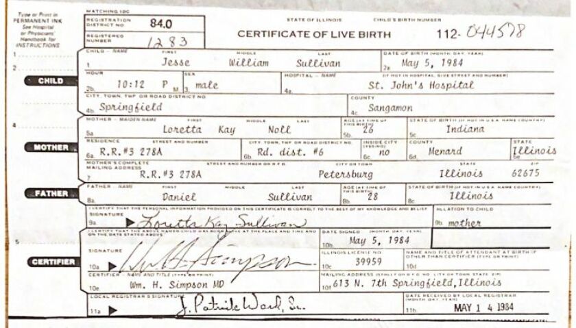 Jesse Sullivan’s birth certificate