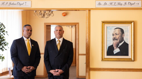 Brothers Stacy Leak (left) and Spencer Leak Jr. in the hallway of their family business, Leak and Sons Funeral Home.