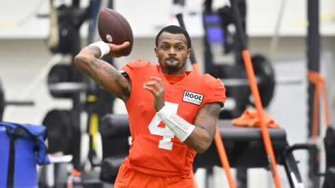 Browns quarterback Deshaun Watson throws a pass during practice at the team’s training facility Wednesday in Berea, Ohio.