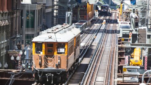 A vintage 4000-series train, which was used between 1923 and the early 1970s, during a spin in the Loop in June 2017.