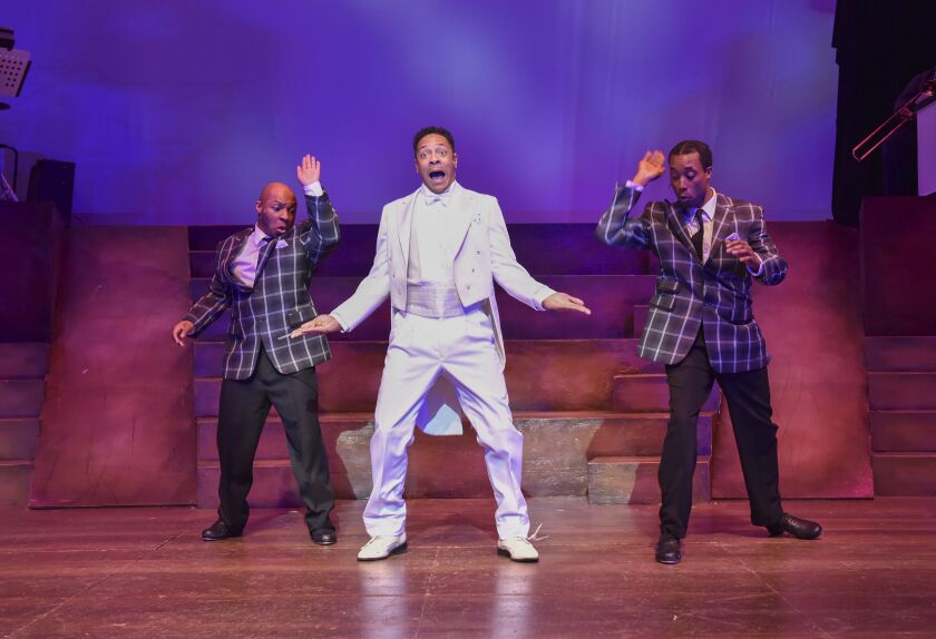 Vincent Jordan (center) plays Cab Calloway, with Rueben D. Echoles (left) as Harold Nicholas and Rashawn Thompson (right) as Fayard Nicholas in the Black Ensemble Theater production of “My Brother’s Keeper — The Story of the Nicholas Brothers.” (Photo: Mi