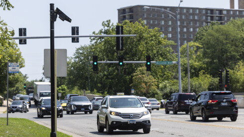A Flock license plate reader on West Touhy Avenue near North McCormick Boulevard in Skokie, Monday, Aug. 3, 2026. | Ashlee Rezin/Sun-Times