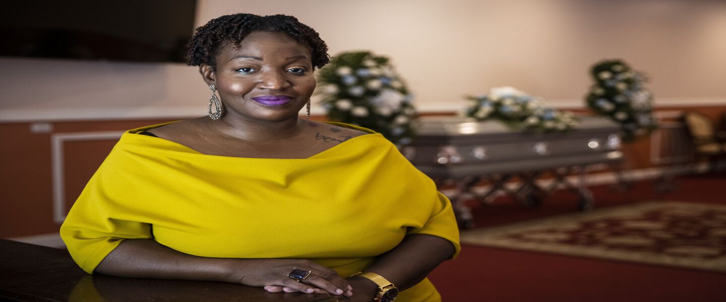 Nhemya Ward is a funeral director at Johnson Funeral Home, 5838 W. Division St. She helps clients with the paperwork for claims to the cime victim compensation fund. But her funeral home has had to start capping the number of clients it will take who rely on the state program to help cover funeral costs.