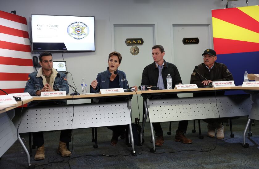 Arizona Attorney General candidate Abe Hamadeh (left to right), Arizona Republican gubernatorial nominee Kari Lake, Arizona Republican Senate candidate Blake Masters and Secretary of State candidate Mark Finchem participate in a border security roundtable.