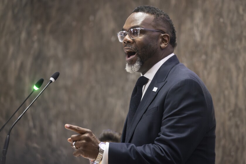 Mayor Brandon Johnson presents his proposed 2026 budget during a Chicago City Council meeting at City Hall Oct. 16.
