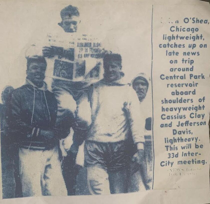 Tom O’Shea and the rest of the Fighting O’Shea Brothers often attended amateur fights with Muhammad Ali. Here, Tom O’Shea’s brother Brian is carried around a Central Park reservoir by Ali, then known as Cassius Clay, and boxer Jefferson Davis.
